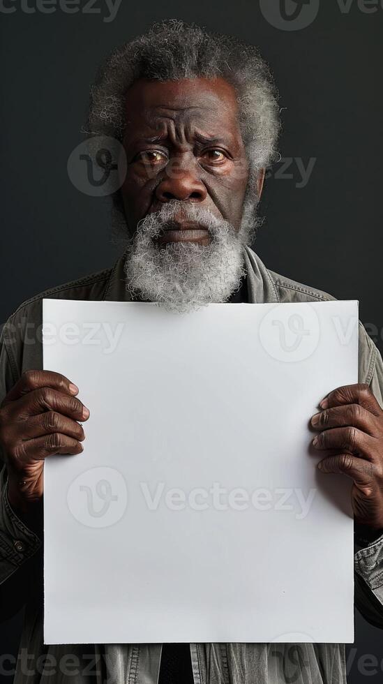 Mature man with afro holding a white paper over face photo