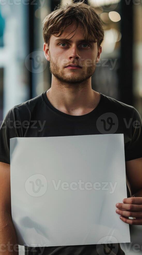 A sad man holding a blank white board photo
