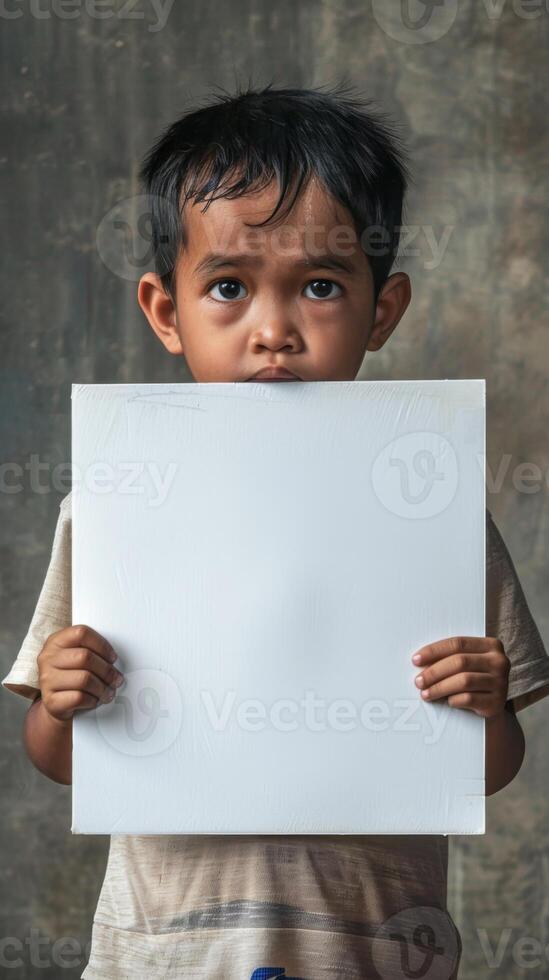 Young boy holds up a blank white sign, conveying a message of hope photo