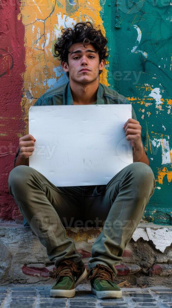 A young man sitting on the ground, holding a sign without any words on it photo