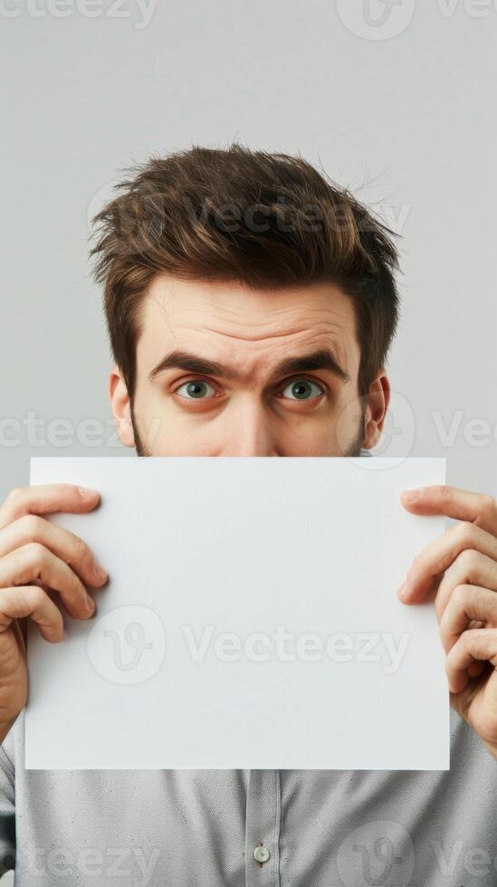 A man holds a blank white board in front of his face, hiding his emotions photo