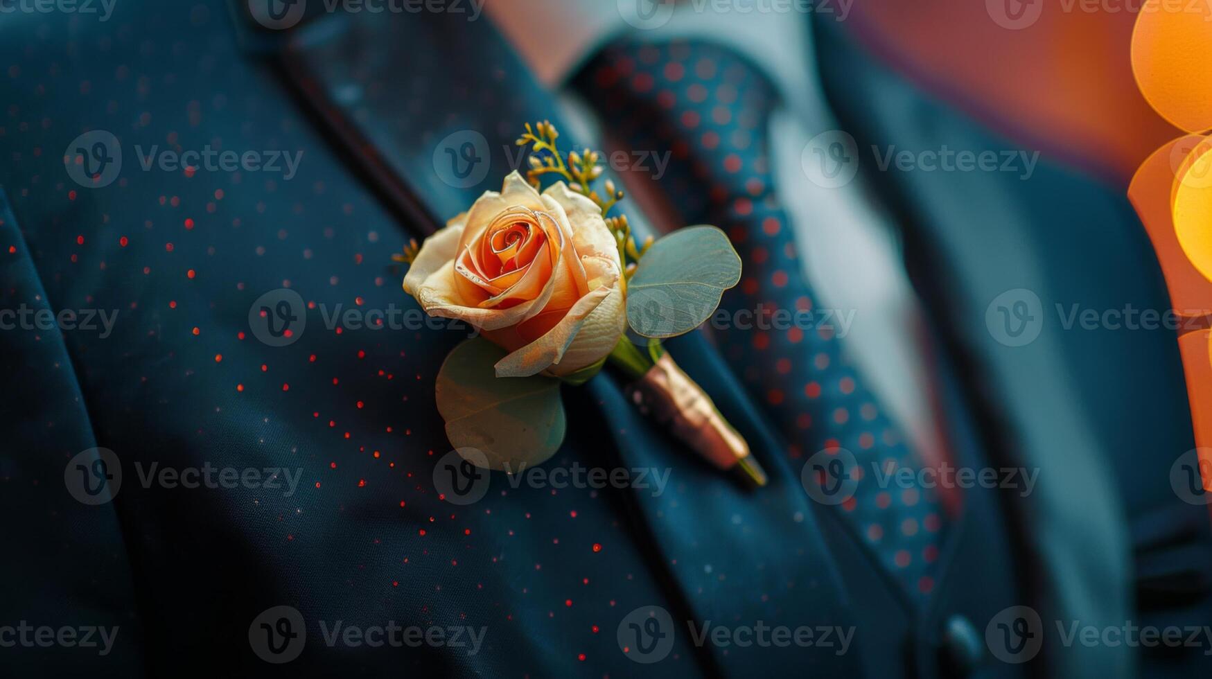 The groom, in a suit and boutonniere, sits gracefully with his hands on his lap photo