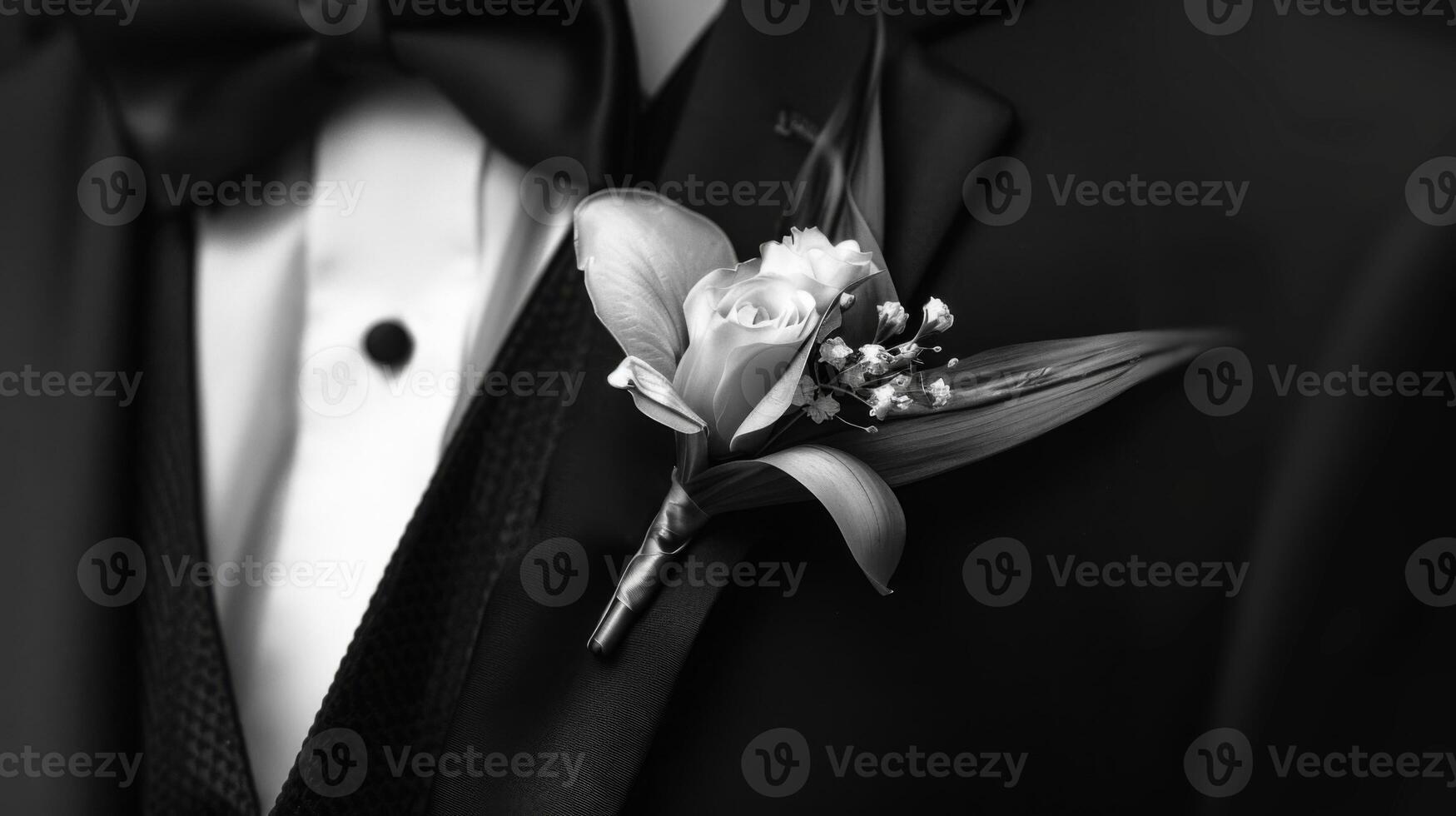A man in a tuxedo sporting a boutonniere on his lap photo