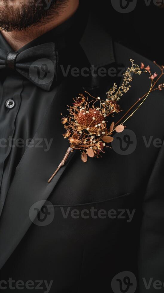 A man in a tuxedo proudly displaying a boutonniere on his lap photo