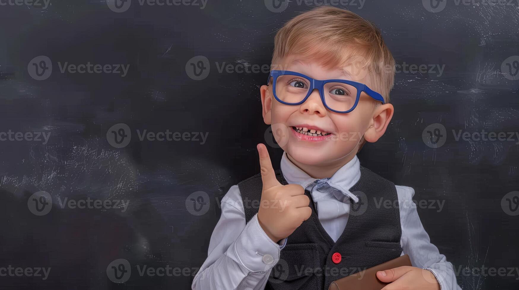 A young boy with glasses holding a folder photo