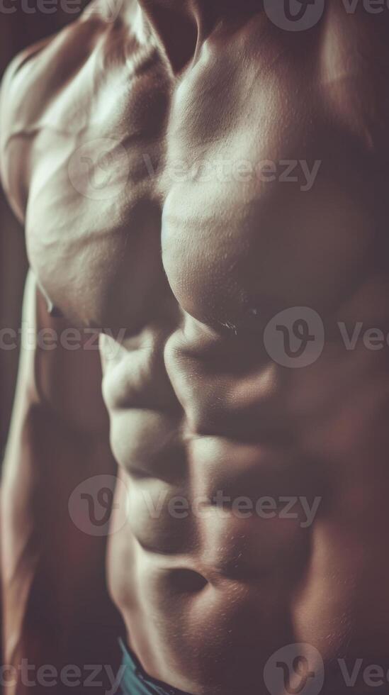 A strong man displaying his bare chest confidently photo