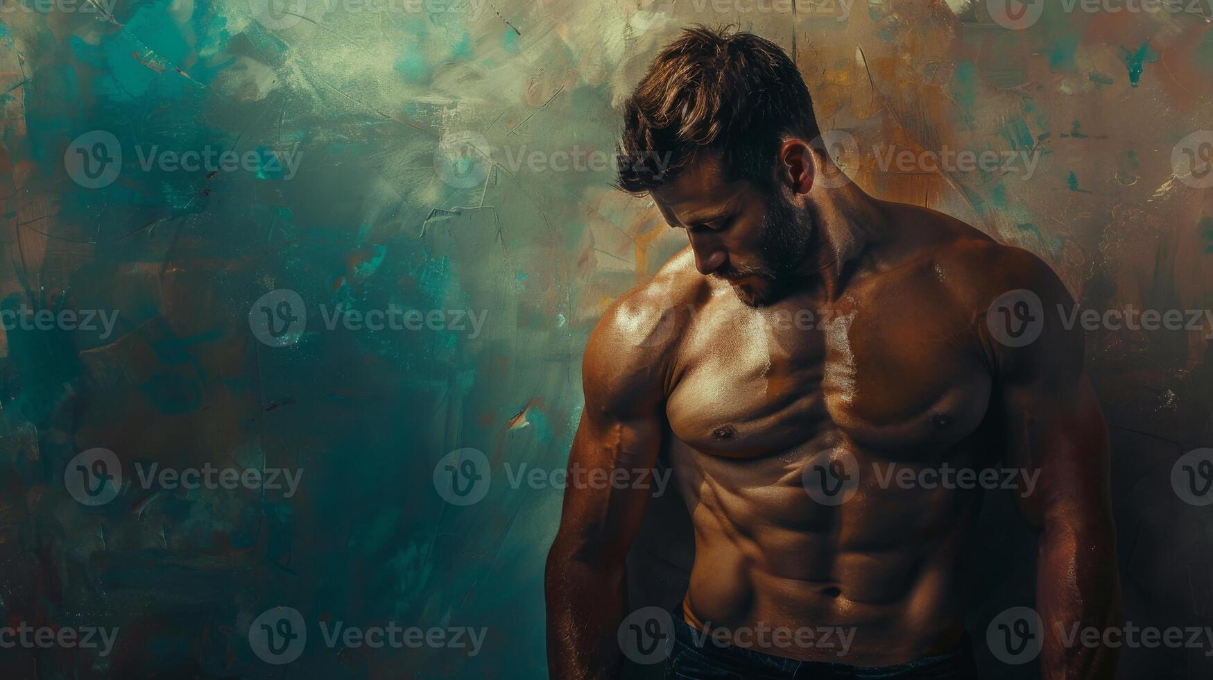 A man in a contemplative pose leans against a textured wall in a thought-provoking painting photo