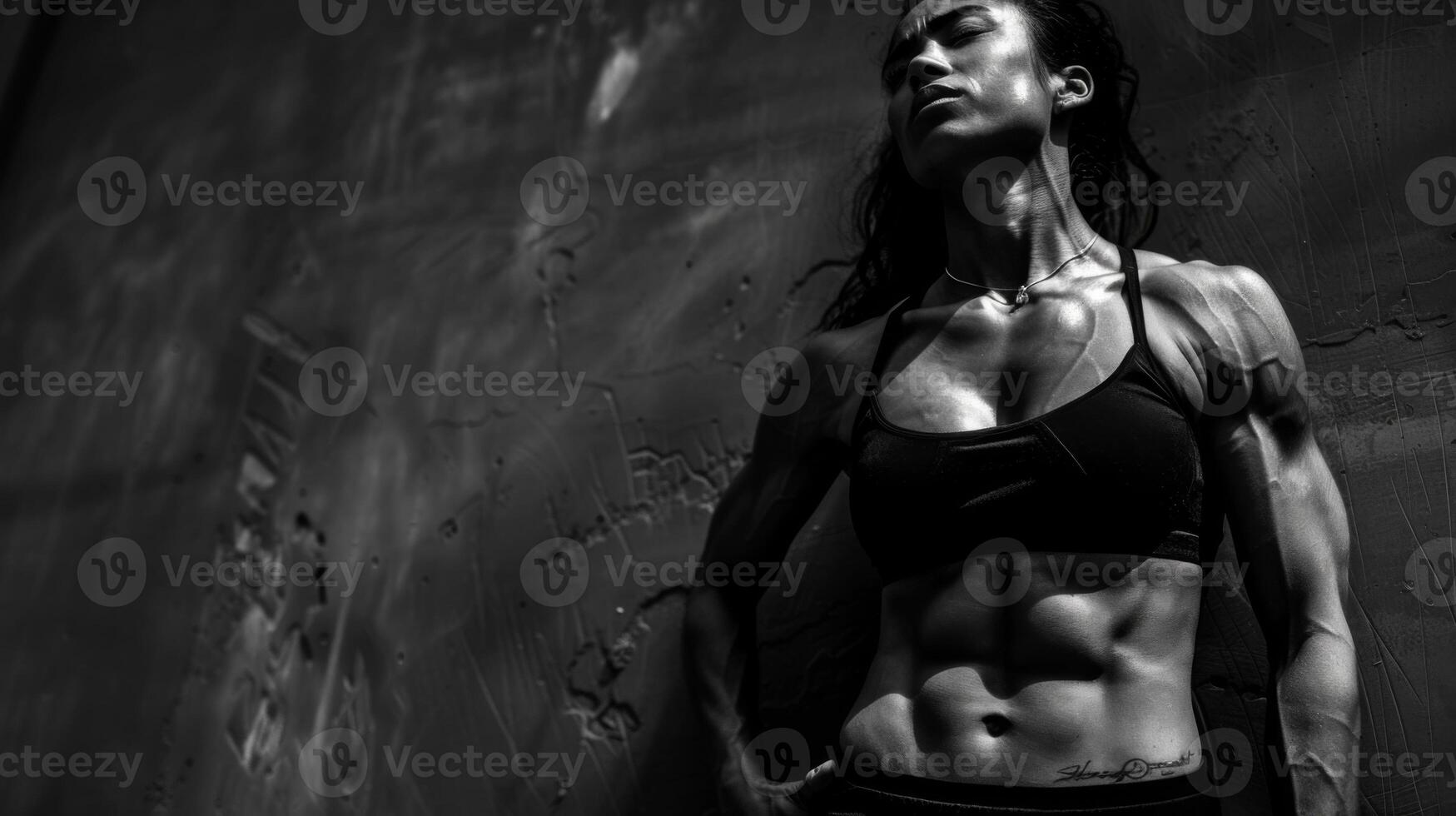 A fit, beautiful woman with six pack abs striking a graceful pose against a textured wall photo