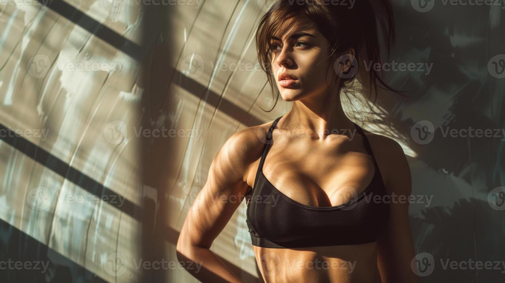 A fit woman with six pack abs poses in a black sports bra against a wall photo