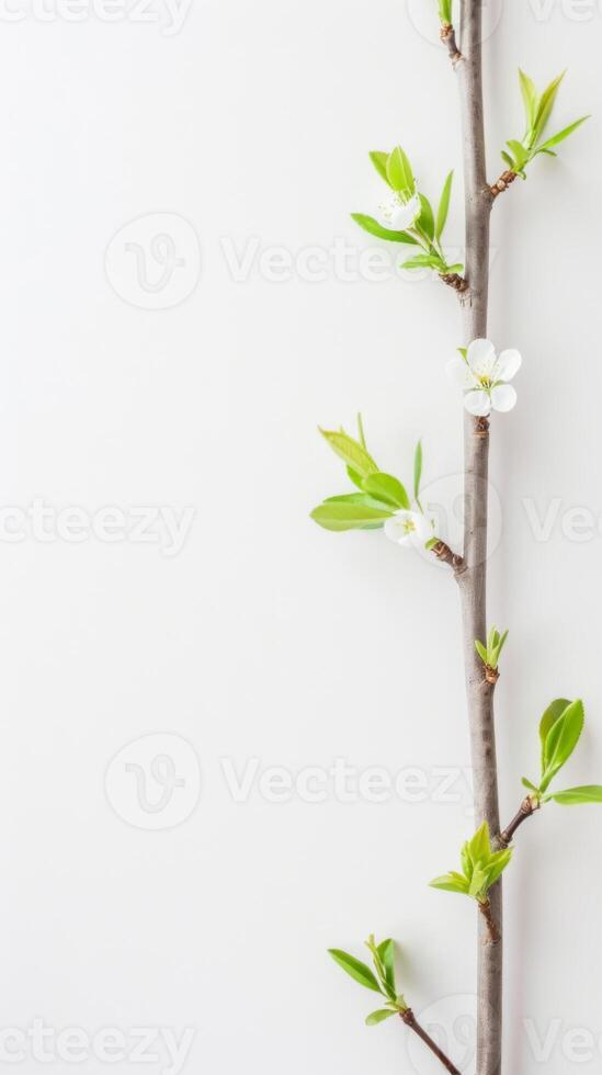 A branch adorned with white flowers and green leaves reaches elegantly towards the sky photo