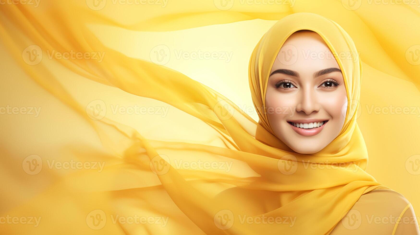 A beautiful Indonesian woman wearing a yellow hijab smiles confidently against a soft golden backdrop photo