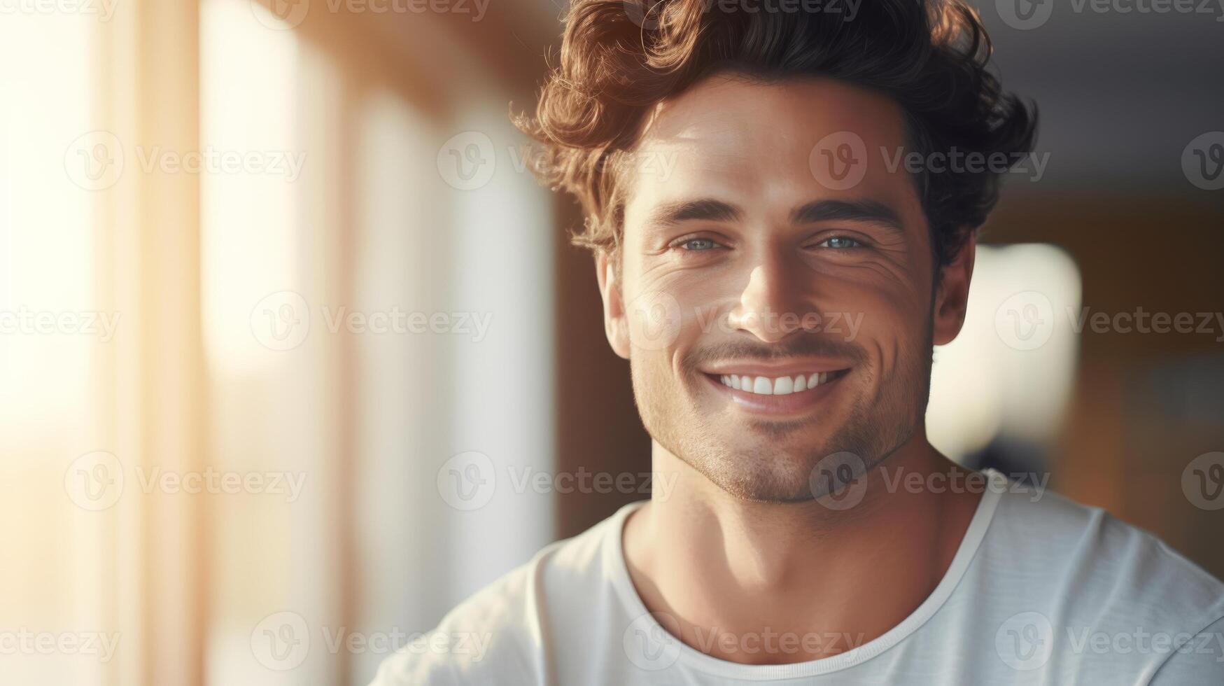 A handsome man with a bright smile stands in a sunlit room, showcasing a healthy complexion photo
