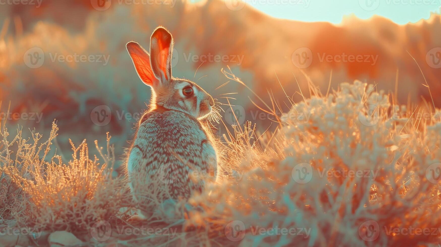 A desert hare sits in the grass, bathed in the golden light of the setting sun photo
