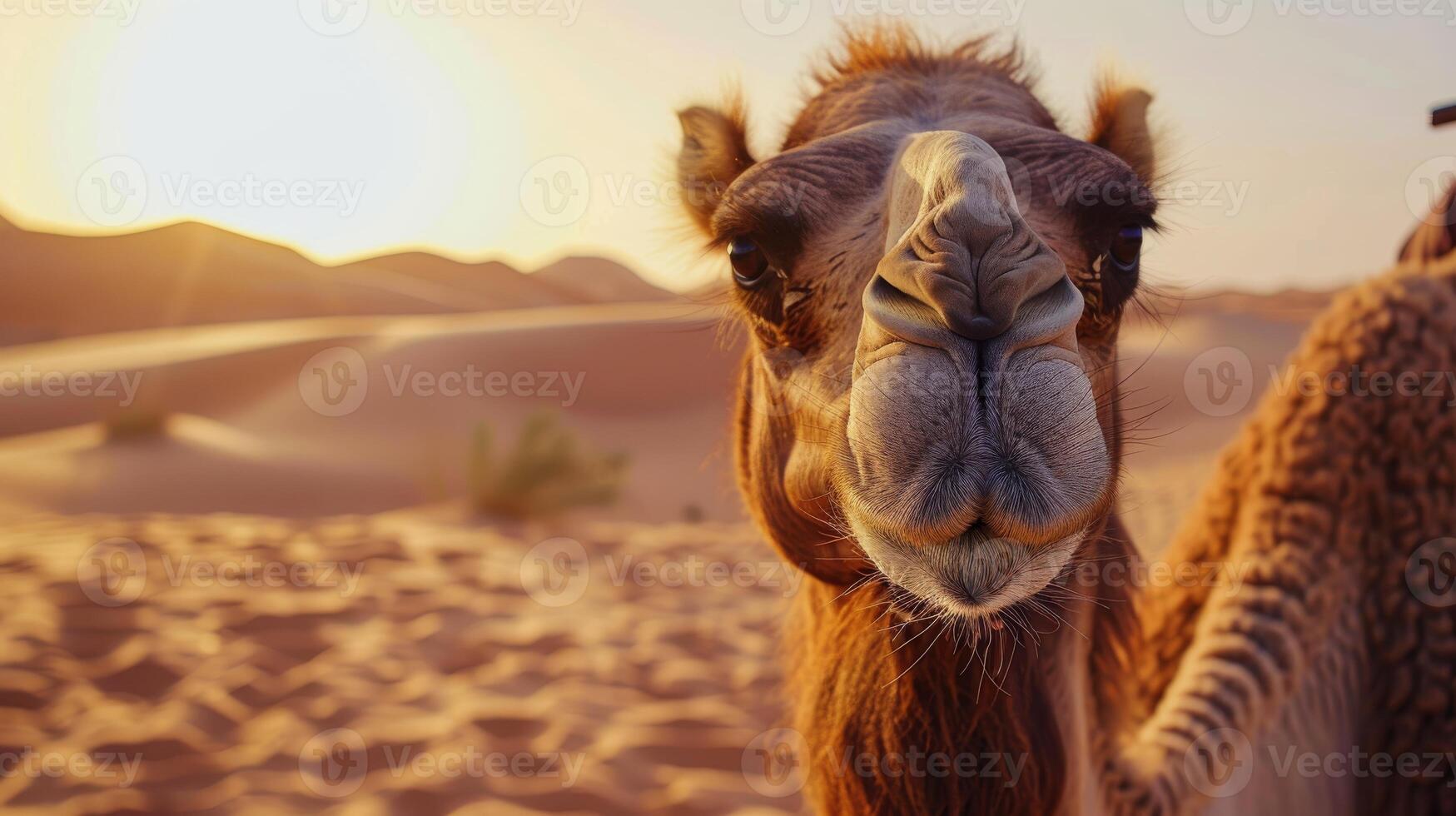 A close-up of a camels face in the desert at sunset photo