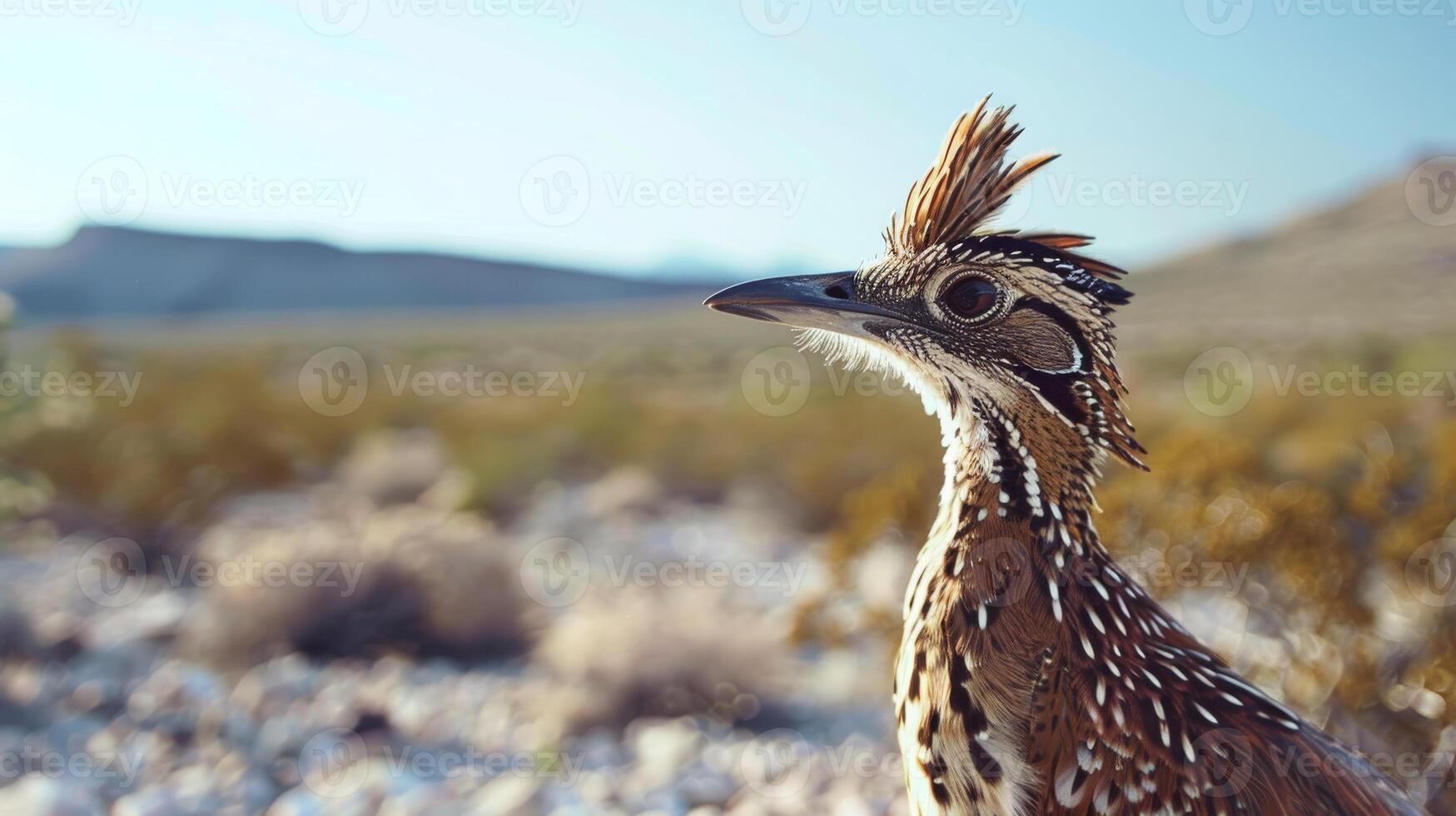 A Roadrunner stands alert in the desert, facing the distant mountains photo