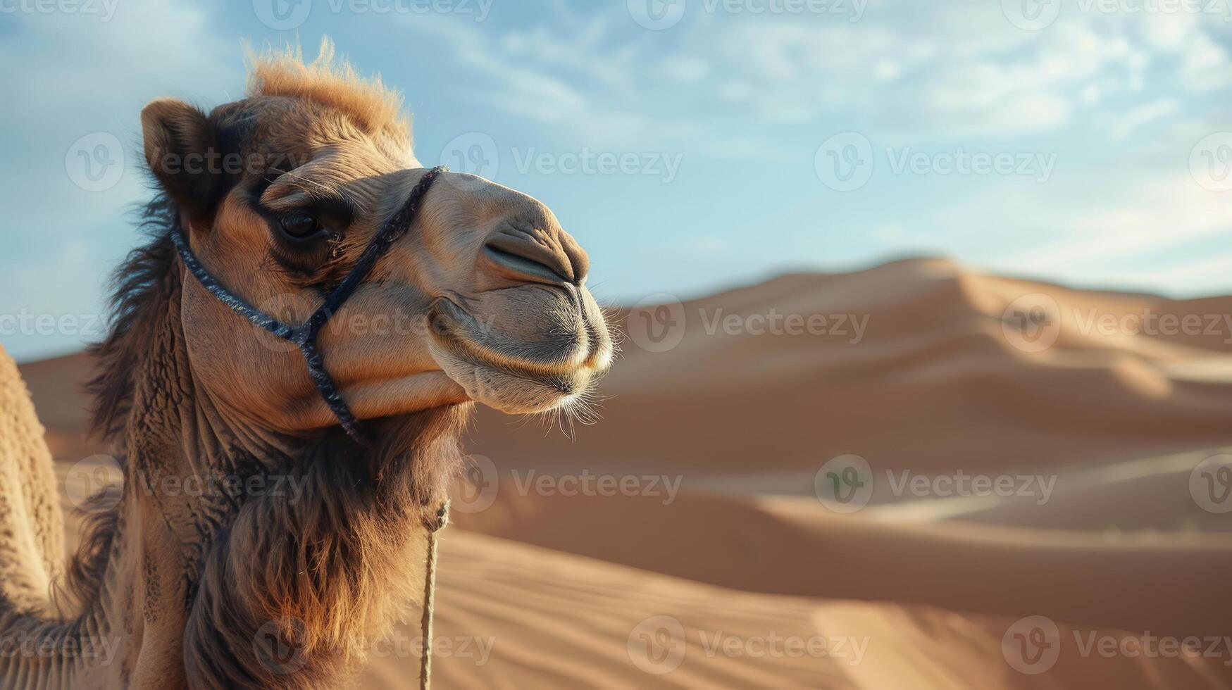 A camel looks out across the vast expanse of the desert, its gentle expression capturing the tranquility of the environment photo