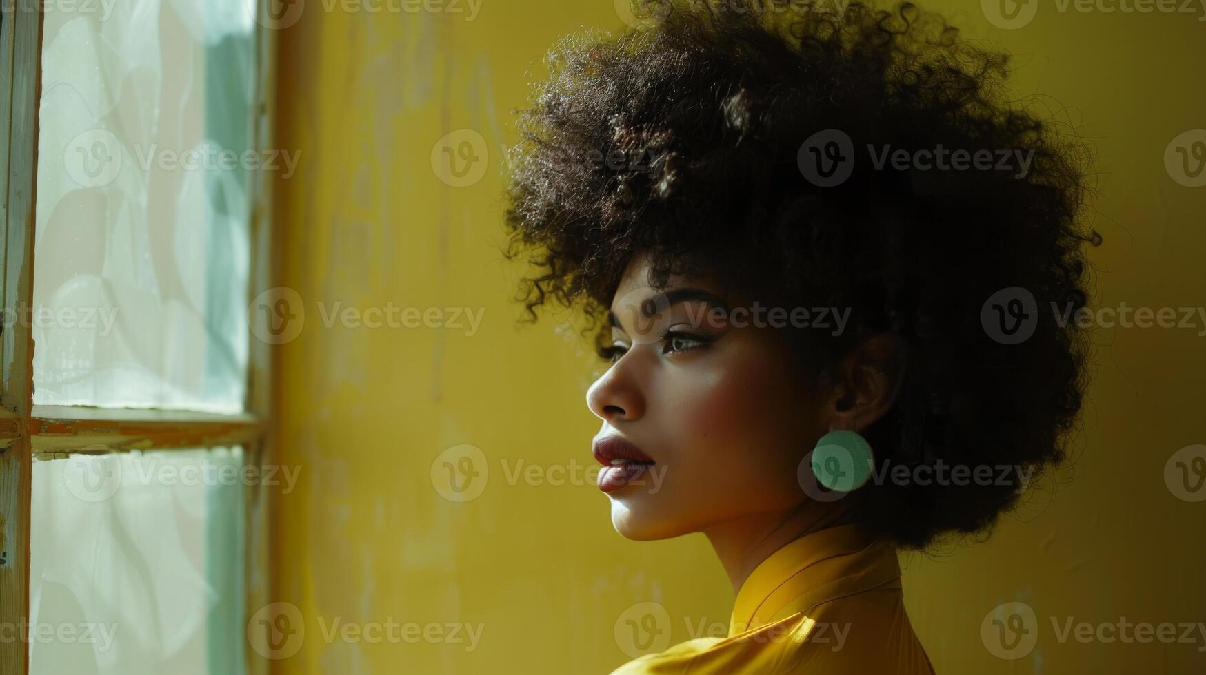 A woman with an afro looks out a window in a sun-drenched room photo