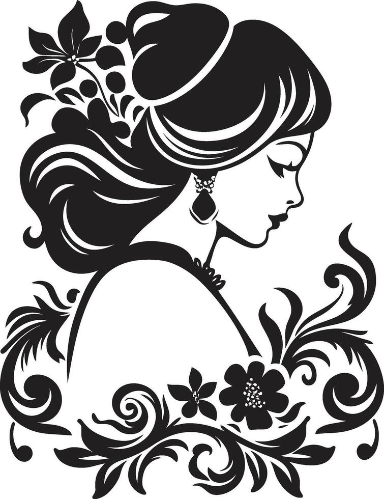 Antique Petal Profile Vintage Woman Floral Elegance Essence Black vector