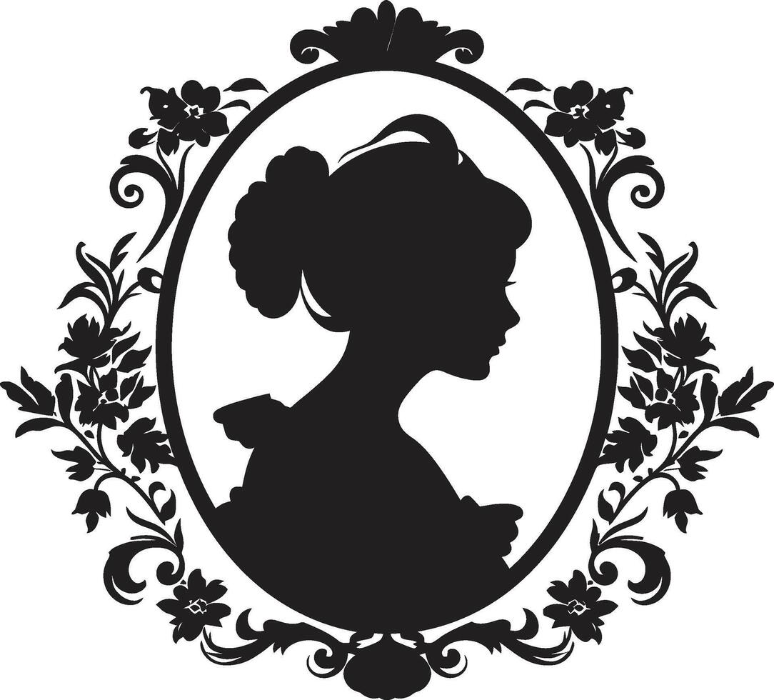 Classic Beauty Bloom Black Floral Border Retro Rose Radiance Womans Face Emblem vector