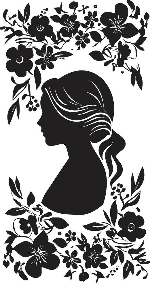 Classic Beauty Bloom Black Floral Border Retro Rose Radiance Womans Face Emblem vector