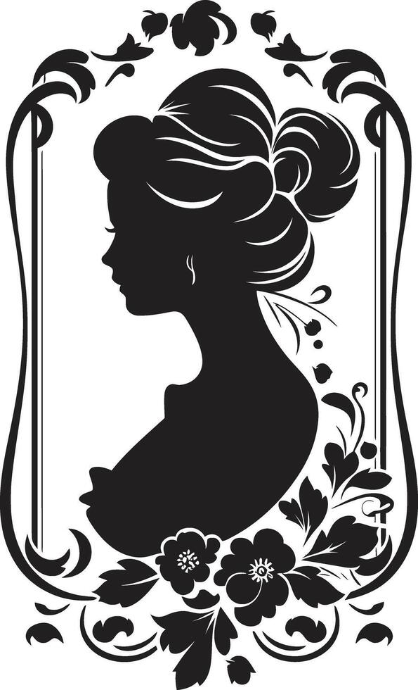 Retro Rose Reverie Black Floral Border Vintage Bloom Belle Womans Face Emblem vector