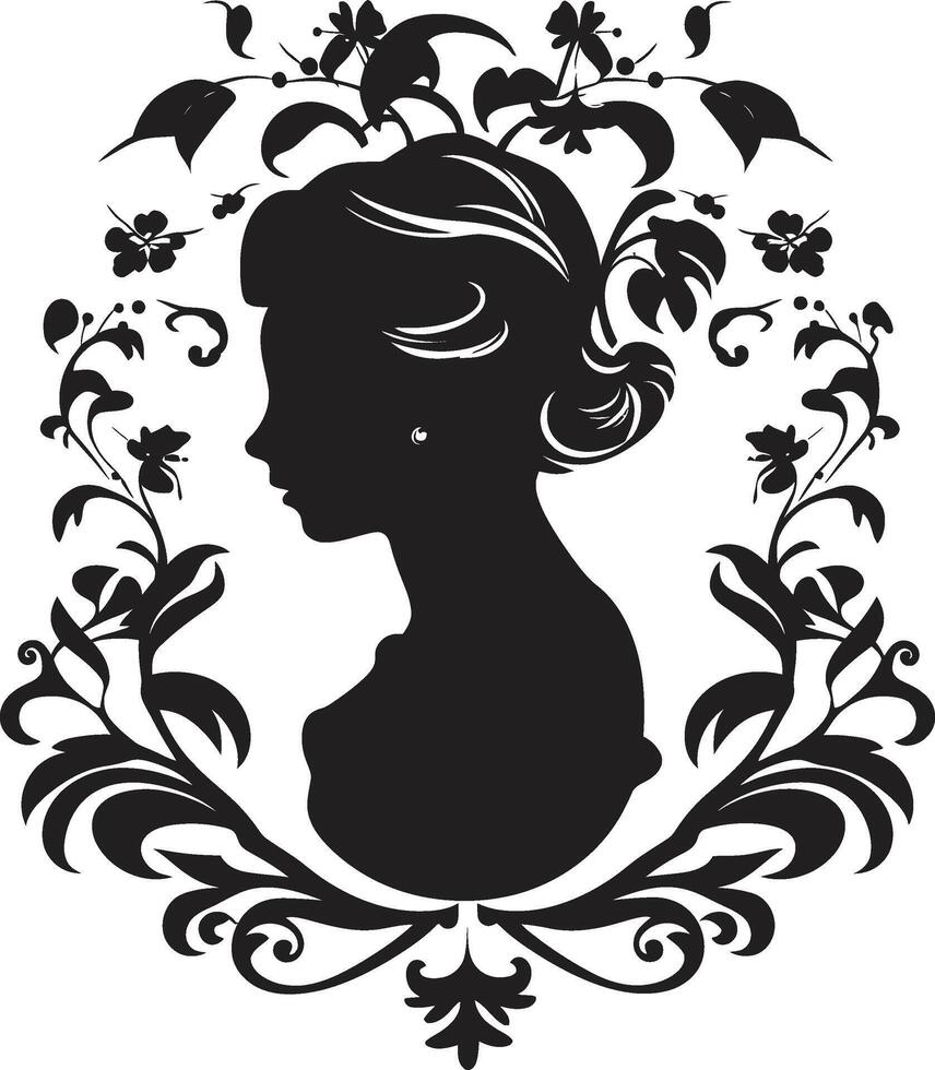 Retro Rose Radiance Womans Face Emblem Vintage Blossom Beauty Floral Border vector