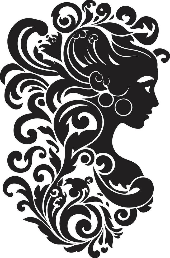 Classic Beauty Bloom Black Floral Border Retro Rose Radiance Womans Face Emblem vector
