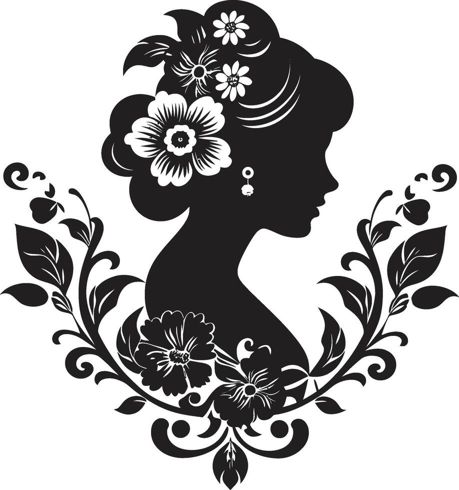 Vintage Bloom Belle Womans Face Emblem Noir Rose Nostalgia Black Floral vector