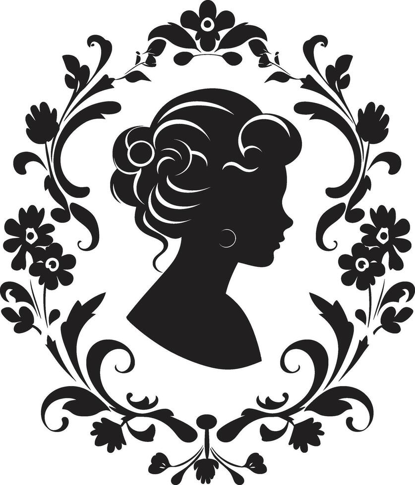 Vintage Bloom Belle Womans Face Emblem Noir Rose Nostalgia Black Floral vector
