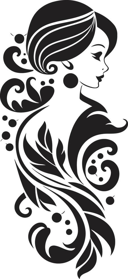 Vintage Bloom Belle Womans Face Emblem Noir Rose Nostalgia Black Floral vector