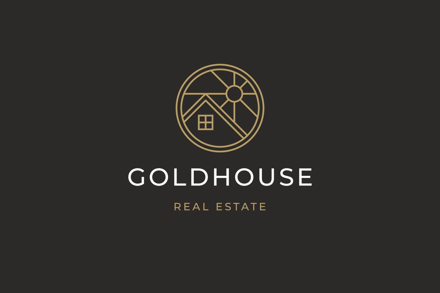 Rustic house roof sun circle golden minimal line logo design template for real estate agency vector