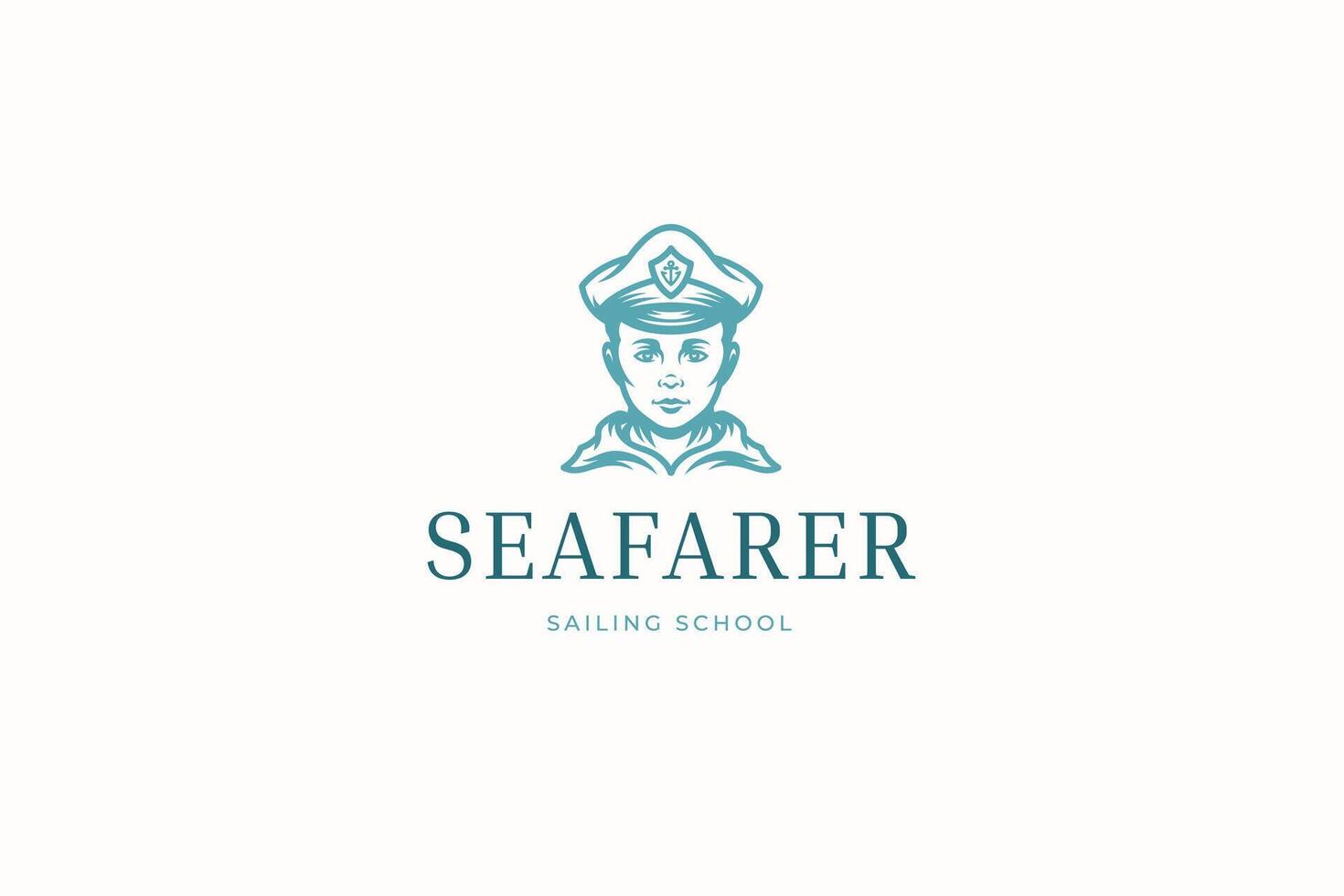Sailing school sailor portrait monochrome blue sketch logo design template illustration vector