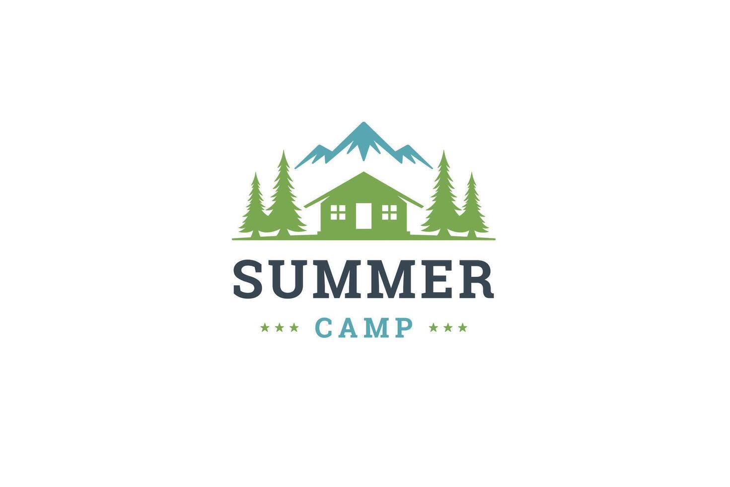 Summer camp expedition logo design template green forest hut mountain flat illustration vector