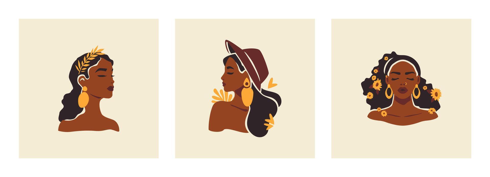 Elegant African woman portrait fashion hat summer flower boho chic hand drawn paint set flat illustration vector