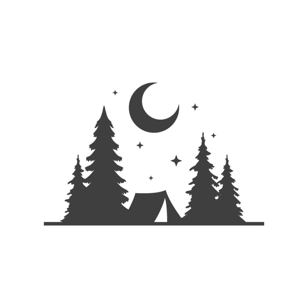 Camping tent halt spruce forest night half moon stars monochrome vintage icon design vector