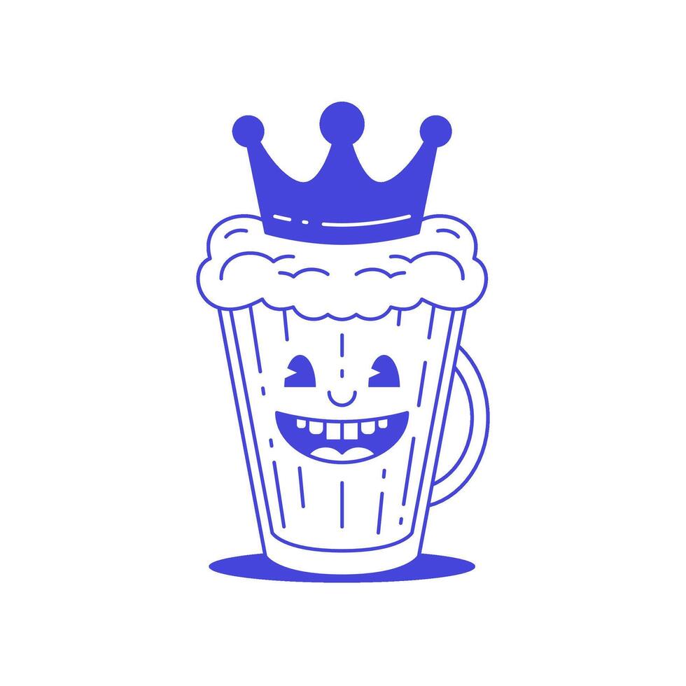 Smiling beer mug in crown funny cartoon character retro 30s animation style line art icon vector