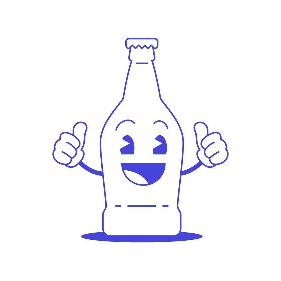 Funny glass bottle beverage smiling character retro 30s animation style line art icon vector
