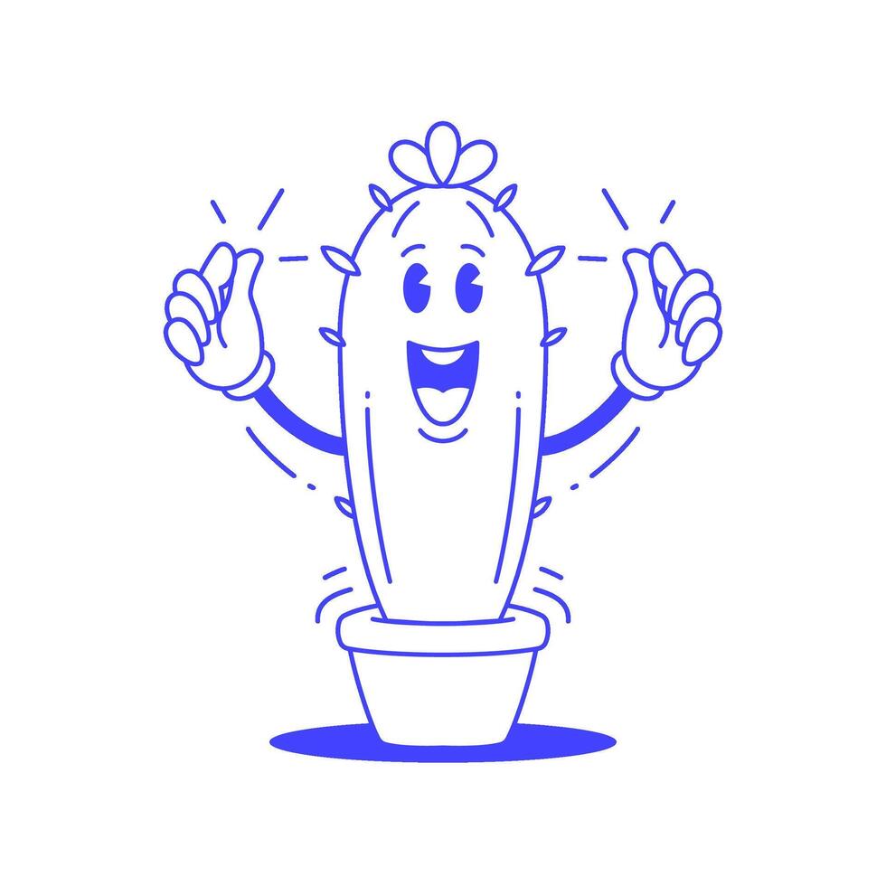 Smile cactus in pot funny cartoon character retro 30s animation style line art icon vector