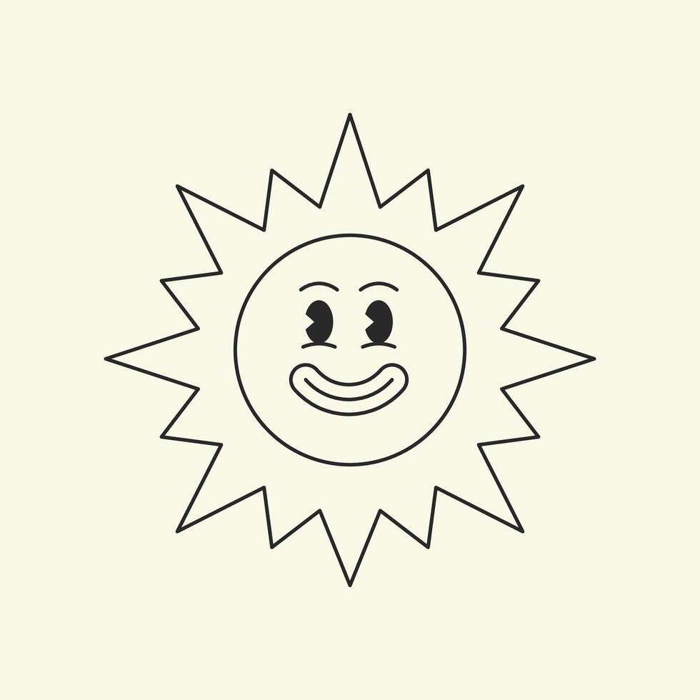 Smiling sun summer cartoon character comic mascot retro 30s animation style line art icon vector