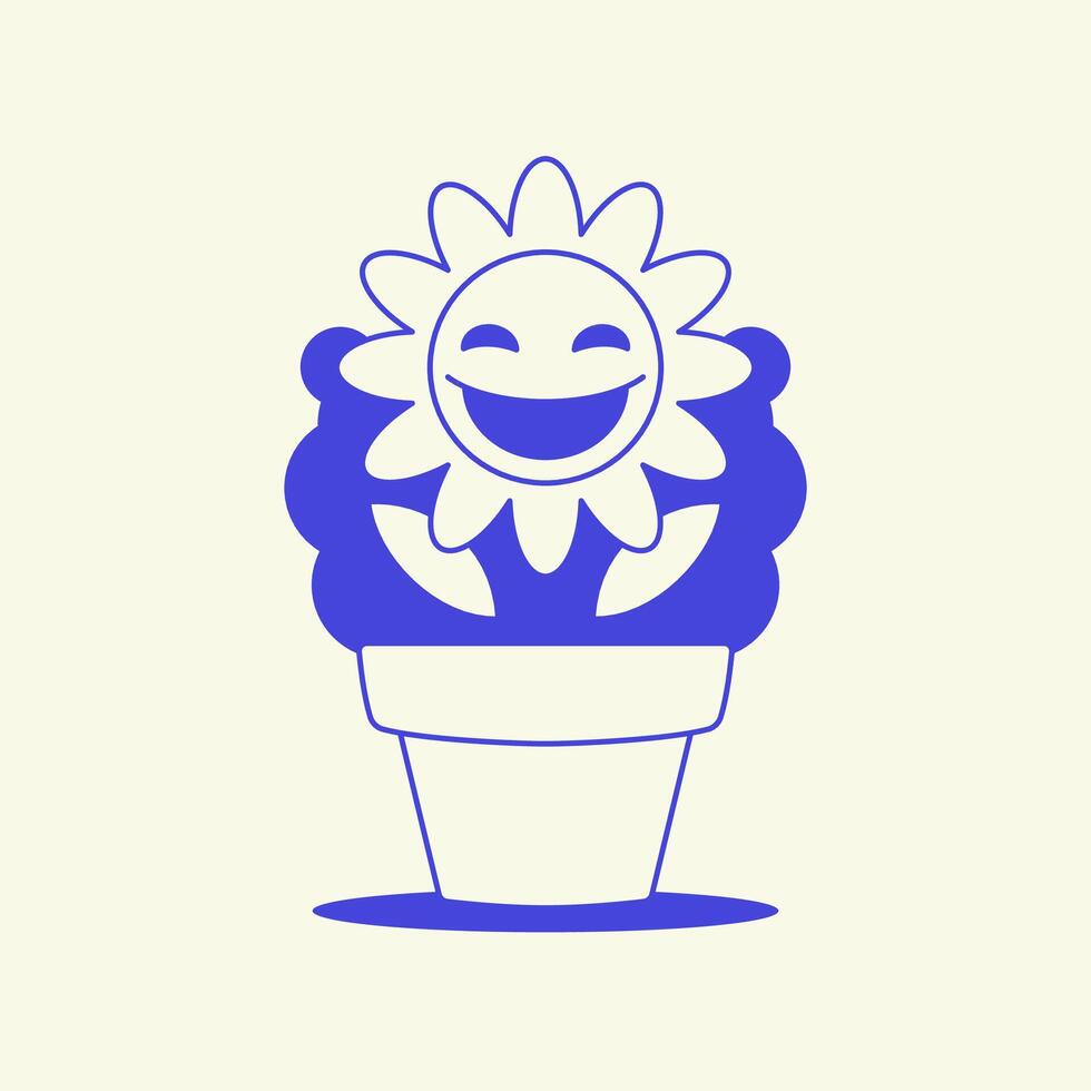 Smile flower in pot comic cartoon character mascot retro 30s animation style line art icon vector