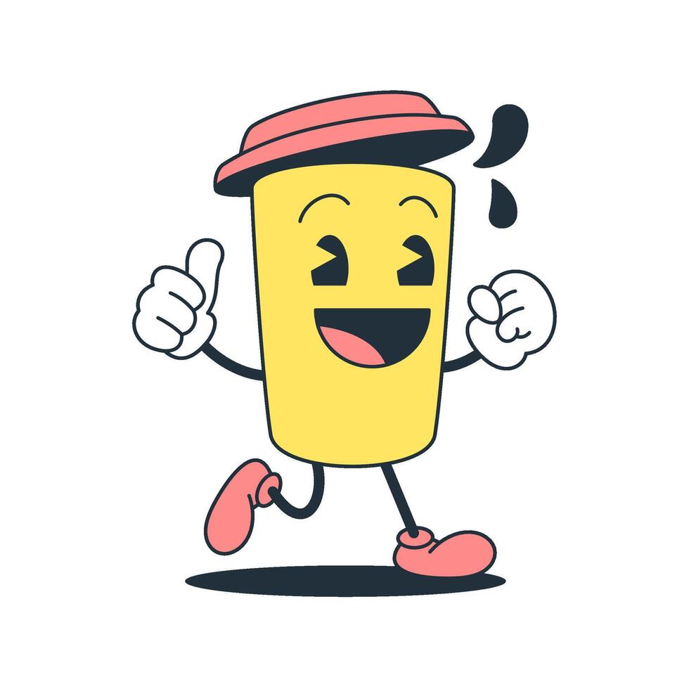 Smile coffee paper cup running cartoon character comic retro 30s animation style icon flat vector