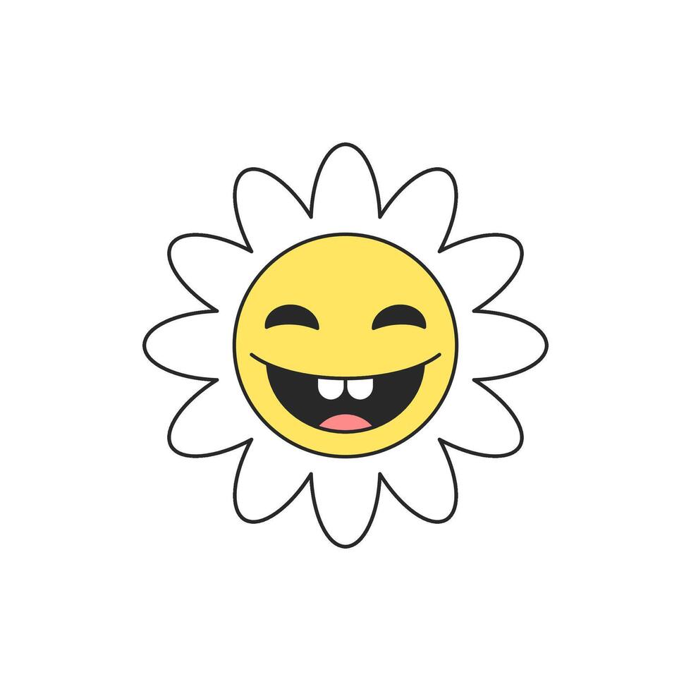 Cute laughing flower chamomile portrait cartoon character retro 30s animation style icon flat vector