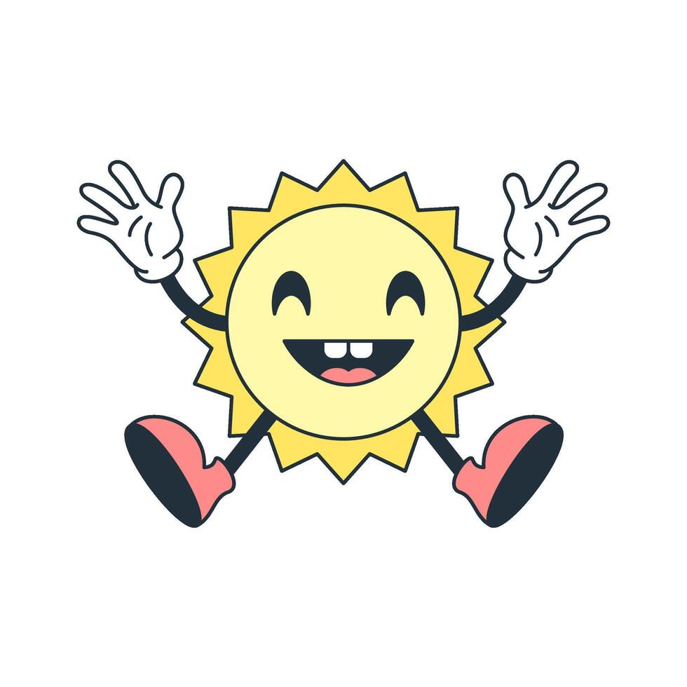 Happy sun jumping greeting cartoon character comic mascot retro 30s animation style icon flat vector