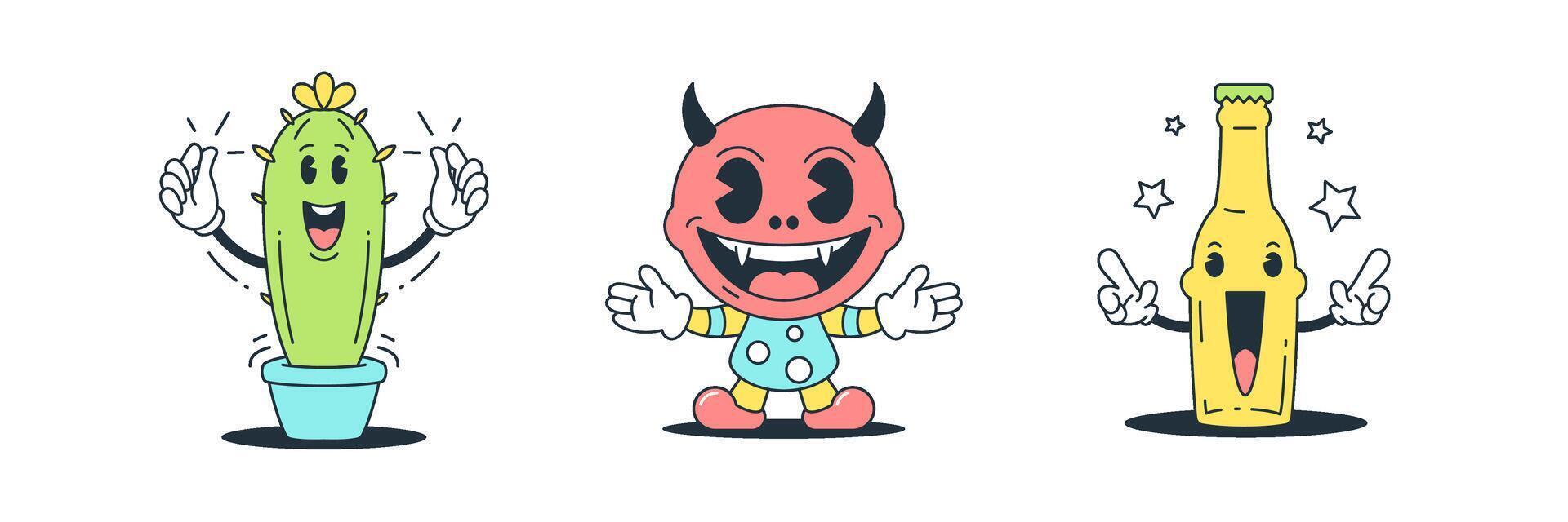 Cute baby devil cactus party bottle cartoon character set retro 30s animation style icon flat vector