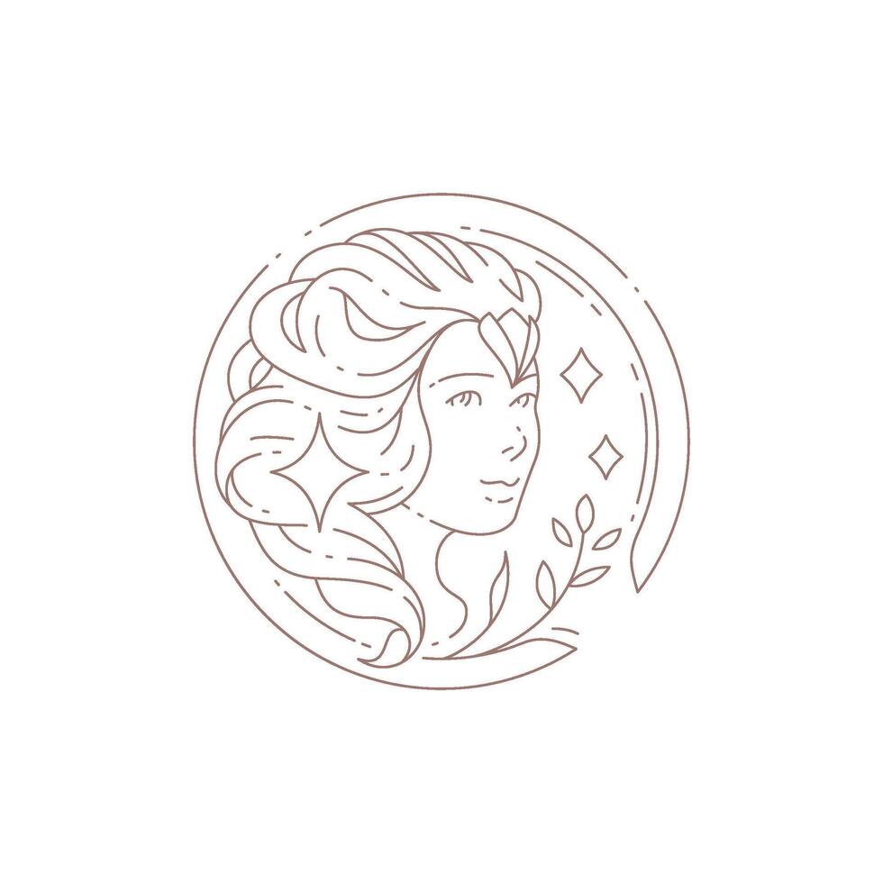 Magic fantasy woman beautiful goddess portrait in floral circle frame minimal line logo vector