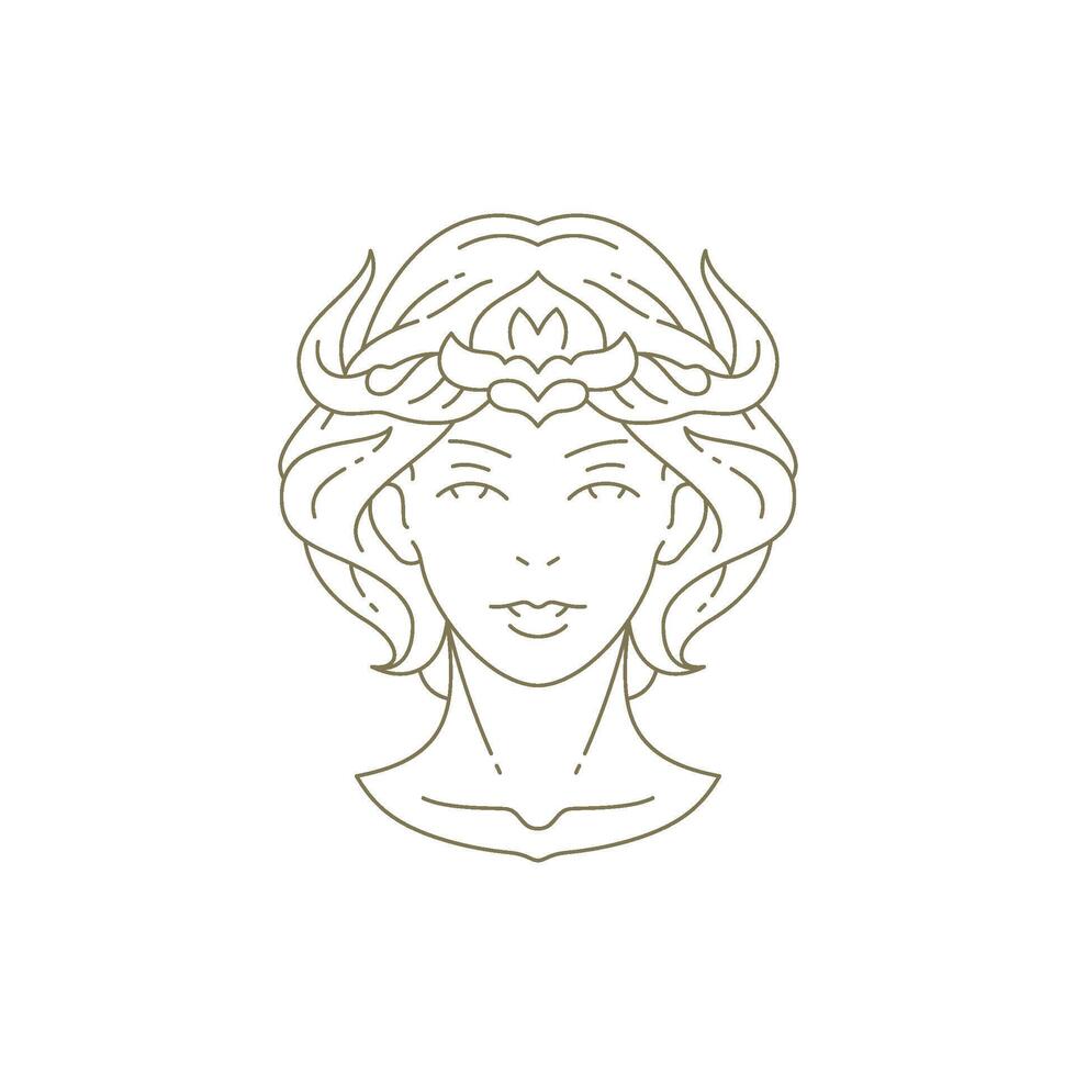 Magic woman goddess with horns premium portrait minimal line logo for beauty salon vector