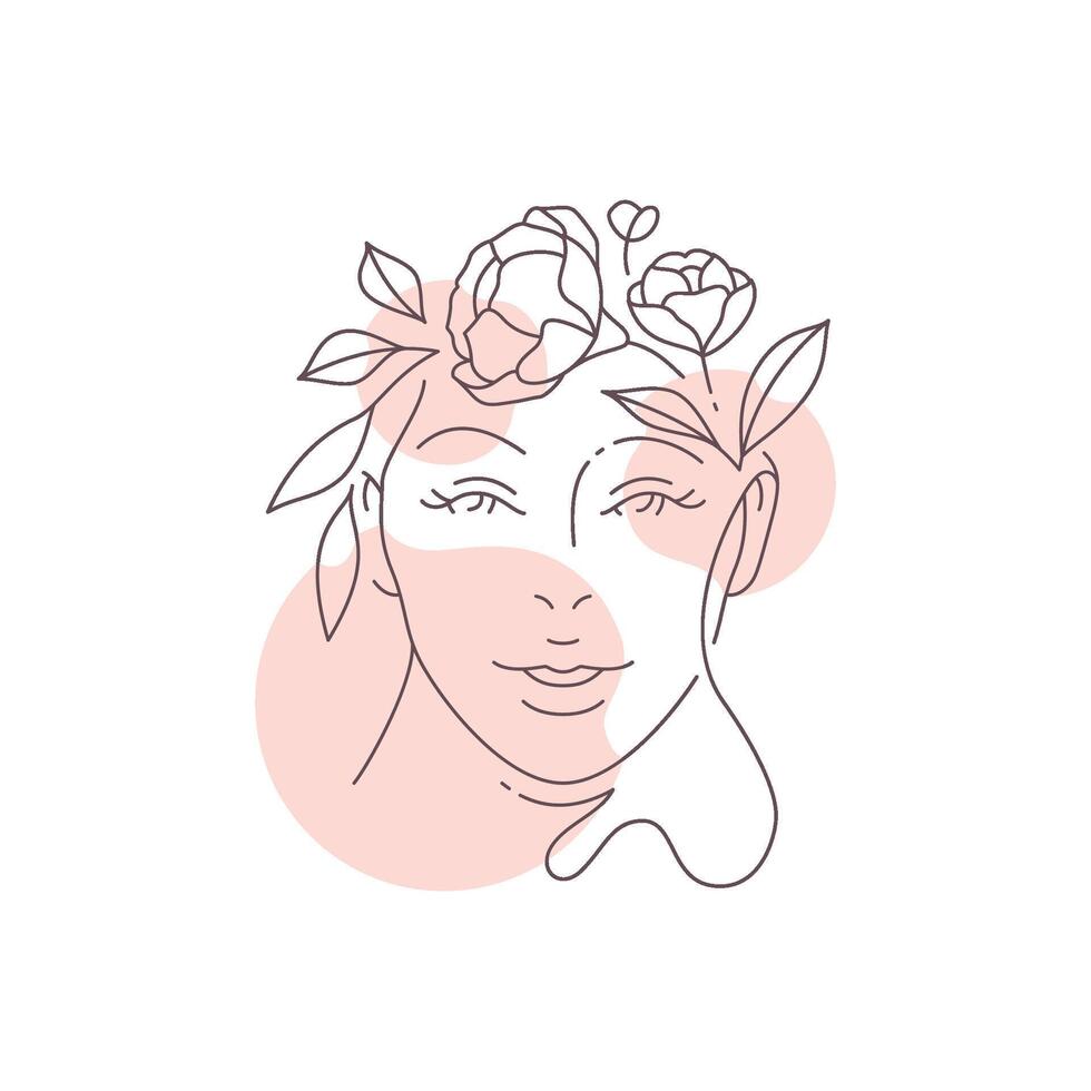 Woman face flower wreath hairstyle pink pastel spots continuous line art style beauty logo vector