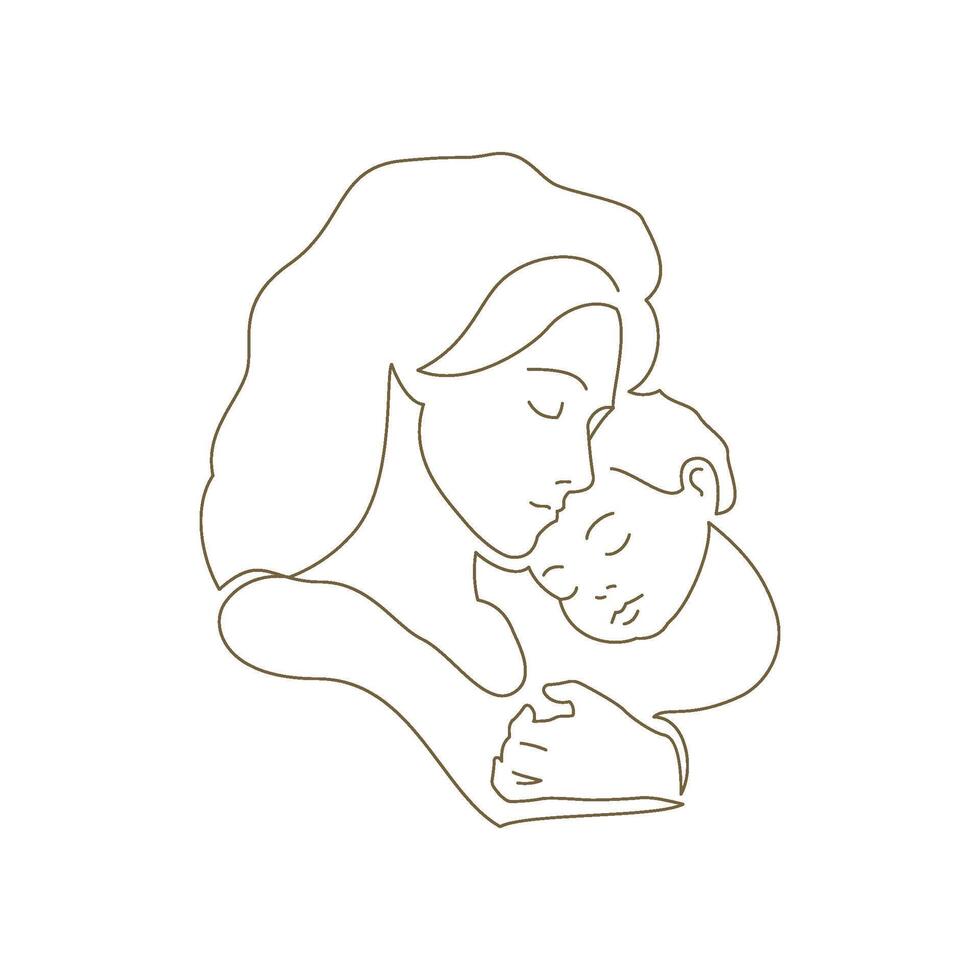 Mother's Day continuous line art style logo mommy hugging little son contoured silhouette vector
