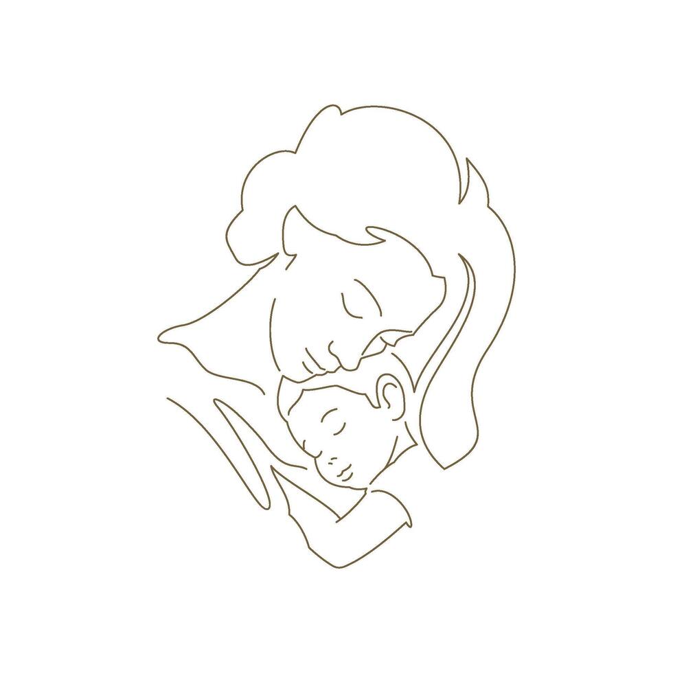 Beautiful young mother hugging little son love continuous line art style logo Mother's Day vector