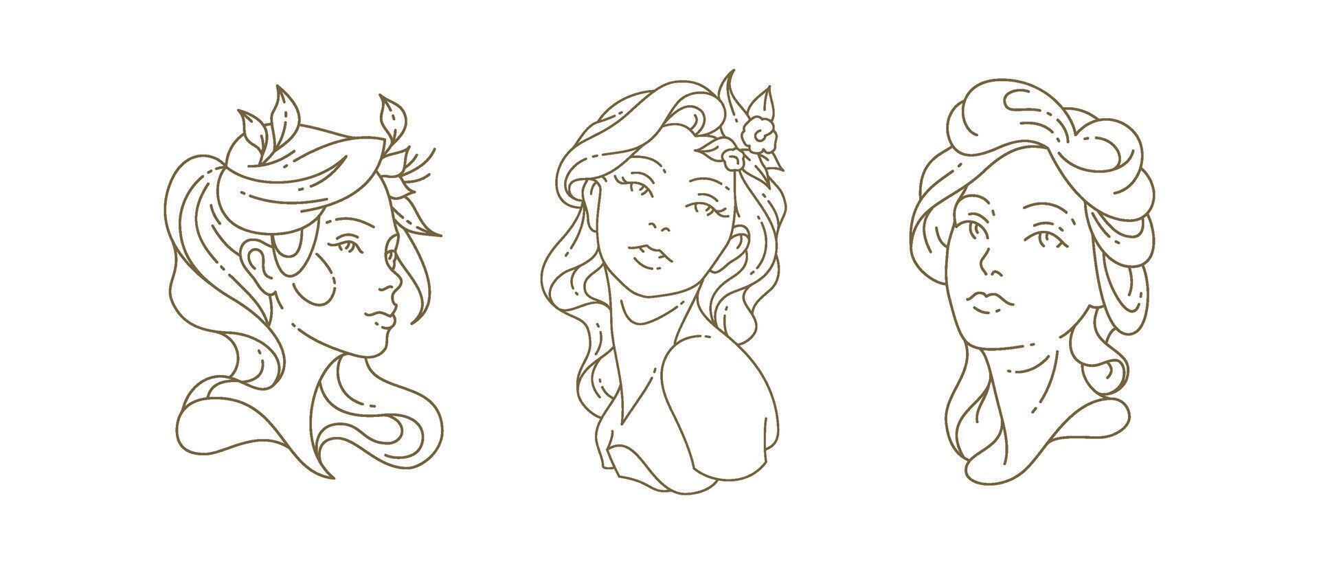 Elegant woman with flower portrait antique goddess bust statue line art logo set illustration vector
